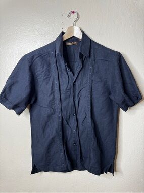 Cubavera Shirt Men’s Medium Black Button Up Linen Blend Guayabera Resort